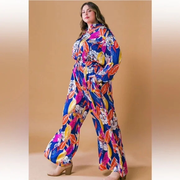 NWT! Plus Luxury Floral Jumpsuit Long Sleeve Elasticized Waist Wide Leg Pockets - Picture 5 of 6